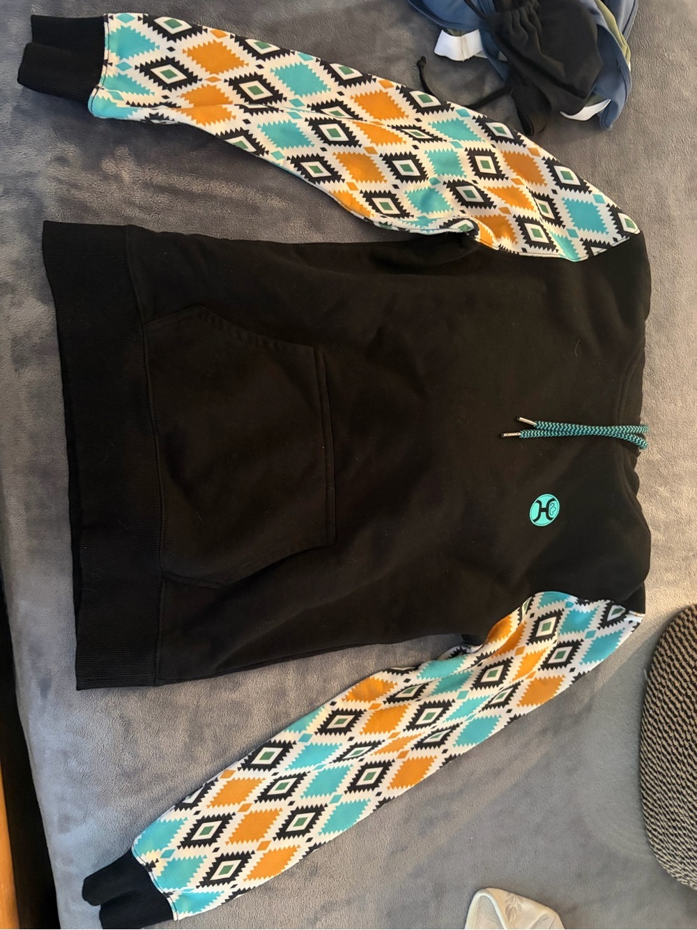 Hooey Black Hoodie with Turquoise and Mustard Aztec Sleeves
